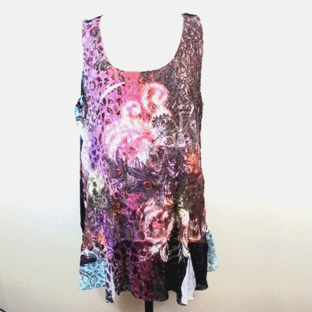 Y2K Pyramid Collection sheer, layered, mixed print shift dress. 1X